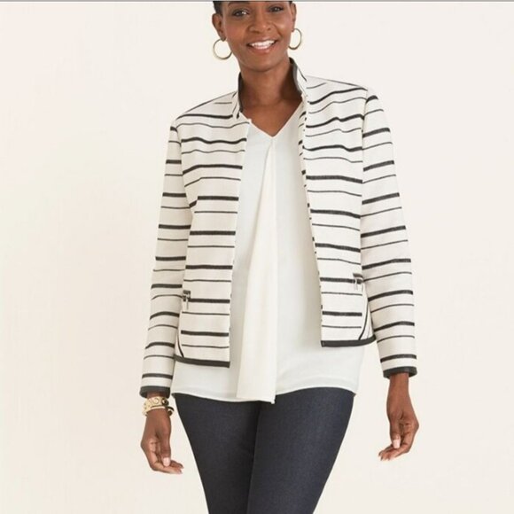 Chicos Womens Long Sleeve Notch Collared Black Cream Stripes Blazer Jacket Sz 4 - Picture 1 of 15